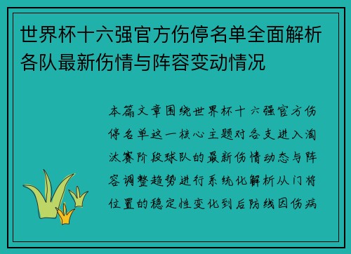 世界杯十六强官方伤停名单全面解析各队最新伤情与阵容变动情况